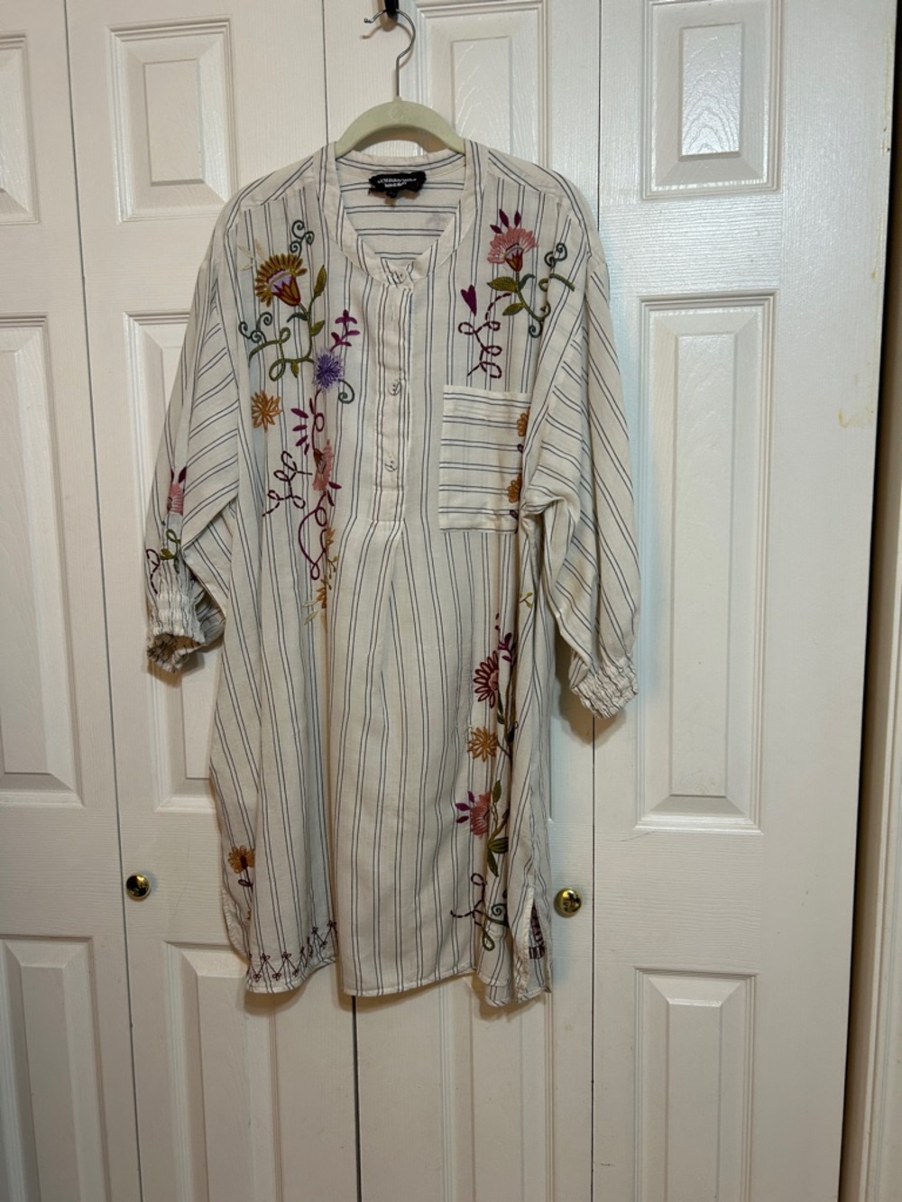 Johnny Was Cream Striped Tunic with Multicolor Floral Embroidery